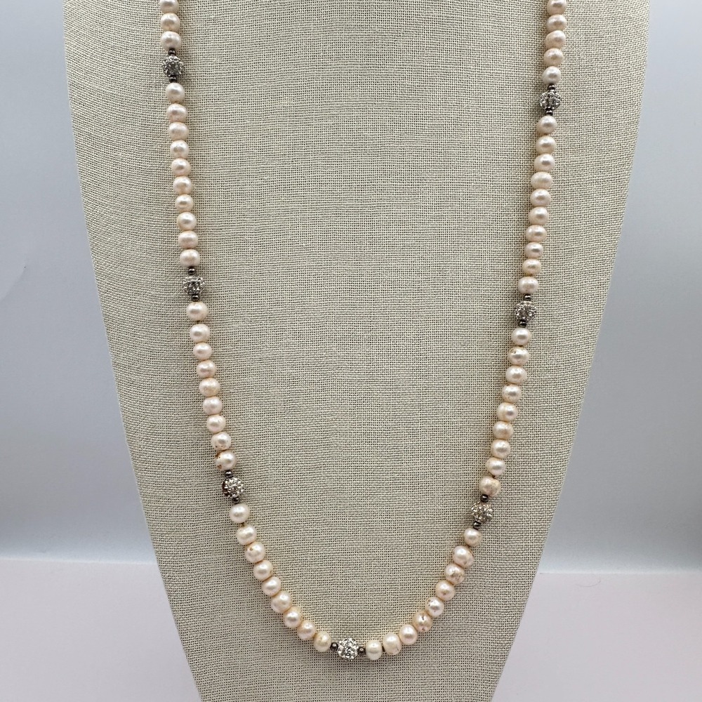 Vintage 90s Faux Pearl Beaded Rhinestone Disco Ball Necklace Women's Jewelry
